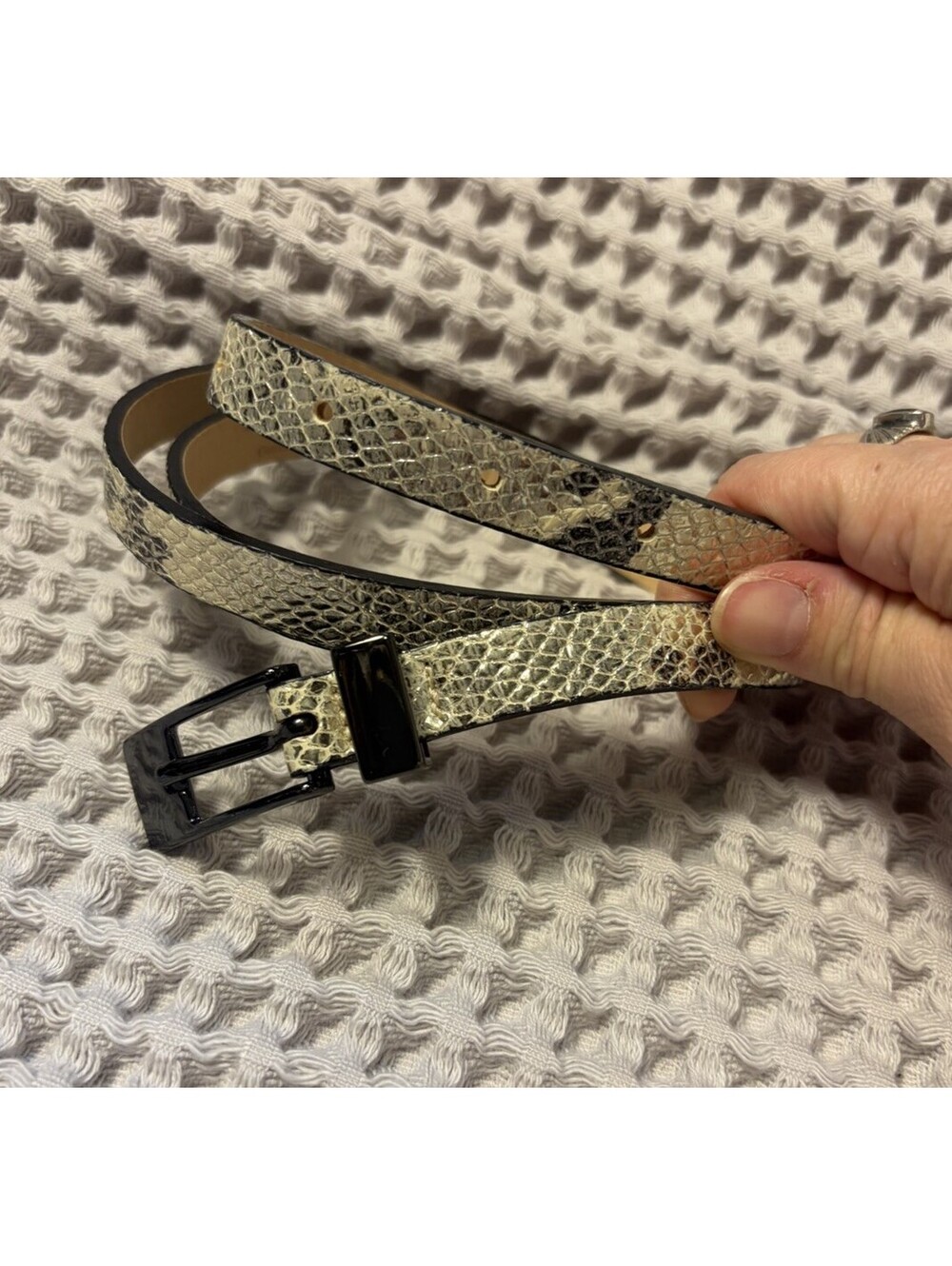 Streets Ahead Cream & Grey Snakeskin Leather Skinny Belt Size Large Retail $128
